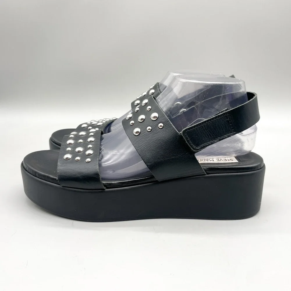 Steve Madden Womens 10 Flatform Sandals Black Leather Studded Edgy Punk 90s Y2K